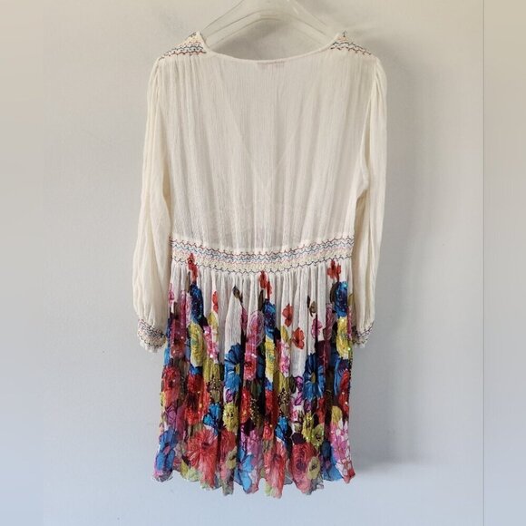 REBECCA TAYLOR | 100% Silk Blouse Tunic Floral Sequins Sheer Cream Red Navy Sz L - Picture 3 of 7